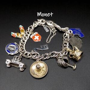 Monet Silver Tone Charm Bracelet, Sterling Silver Travel Charms, 1970s Vintage